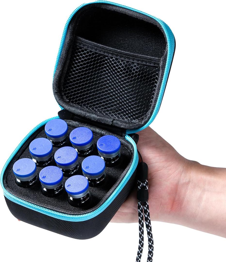 9 Vials Holder, Insulin Peptide Vial Case for Fridge, with Hand Strap, Fits 5ml 10ml Vial for Peptide, GLP-1 and Insulin Storage, Not Fit Tall 10ml Vial,Black and Blue Zipper