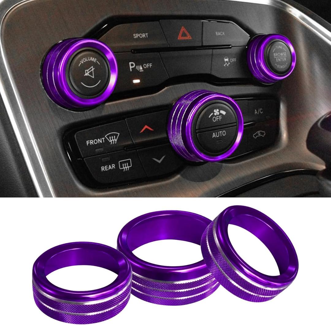 3PCS Air Conditioner Switch Button Knob Cover, Aluminum Alloy Knob Ring Trim Cover, Climate Control Knob Covers, Auto Accessories Compatible with Dodge Challenger Durango 2015-2022 (Purple)