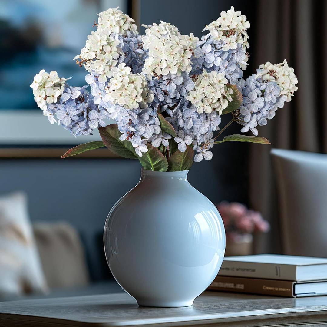 Ttranewsoo Hydrangea Artificial Flowers,Fall Hydrangeas Artificial Flowers,Blue Fake Fall Dried Hydrangea Flowers Decoration,Faux Silk Flower with Stems Winter Decor(Blue 24" 8pcs) Without Vase