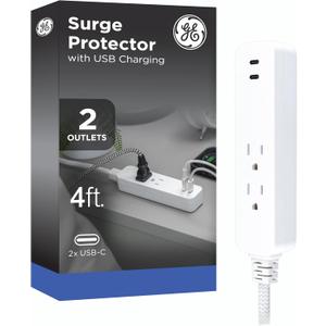 GE 2 USB C Extension Cord Power Strip, 2 Outlets, 4 Ft Braided Cord, Flat Plug, 245 Joules, 12W Charging Power, 16AWG, White, 87434