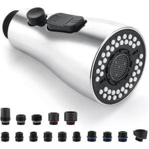 Kitchen Faucet Sprayer Head Replacement - Pull Down Faucet Spray Head with 15 Adapters, Pull Out Faucet Sprayer Nozzle, 3 Function Kitchen Tap Spray Spout Part Connector, Chrome