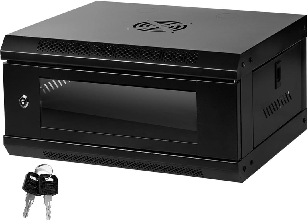 Server Rack Enclosure with Glass Door Black, Locks, & Removable Side Panels - Wall Mount IT Network Cabinet 19 Inch Rack 17.7 Inches Deep, 4U