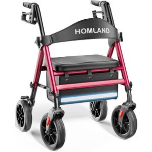 HOMLAND Foldable Walker for Seniors with Seat, 17lb Lightweight, Ergonomic | 350lb Capacity, 8" All-Terrain Wheels, Adjustable Height, Easy to Assemble, Ergonomic Seat, Lightweight Aluminum Frame, Red