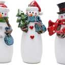 Hodao Christmas Snowman Figurines Set of 3 - Hand-Painted Resin Snowmen with Christmas Tree, Gift Box, Wreath & Welcome Sign - Winter Decor & Gift for Tiered Tray, Mantel, Tabletop, Windowsill