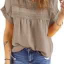 Dokotoo Womens Summer Tops Lace Crochet Short Sleeve Shirts Chiffon Blouses | Blouses for Women Dressy Casual, Solid Loose Fit, Fashion Womens Summer Outfits, Lightweight Pom Boho Tops, Back Button Down (Beige, XXL)