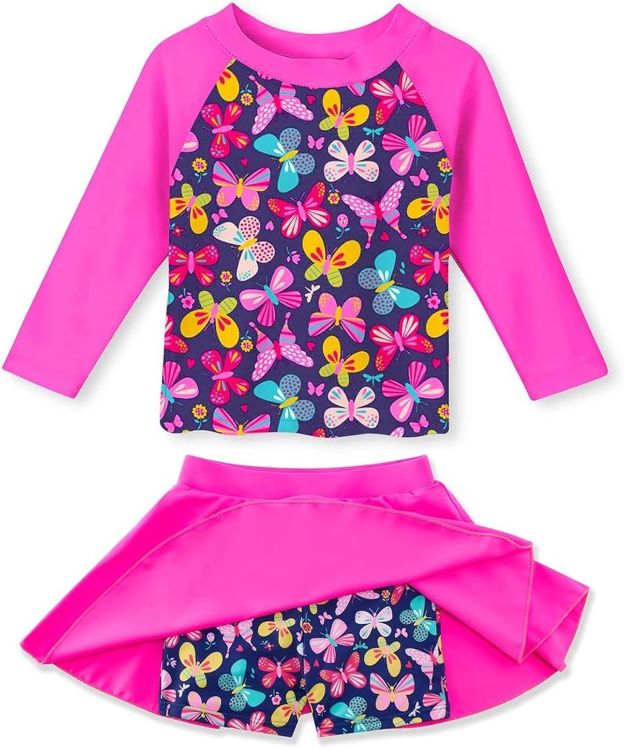 Idgreatim Girls Swimsuit Rash Guard Set Long Sleeve Two Piece Bathing Suit 3-10 Years (6-7 Years, Butterflies Pink)
