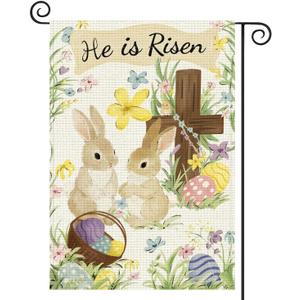 He Is Risen Easter Garden Flag for Outside, 12x18 Inch Double Sided Spring Flags with Bunnies Flowers Cross, Easter Gifts Yard Decoration Flag for Outdoor Garden, Patio, Porch