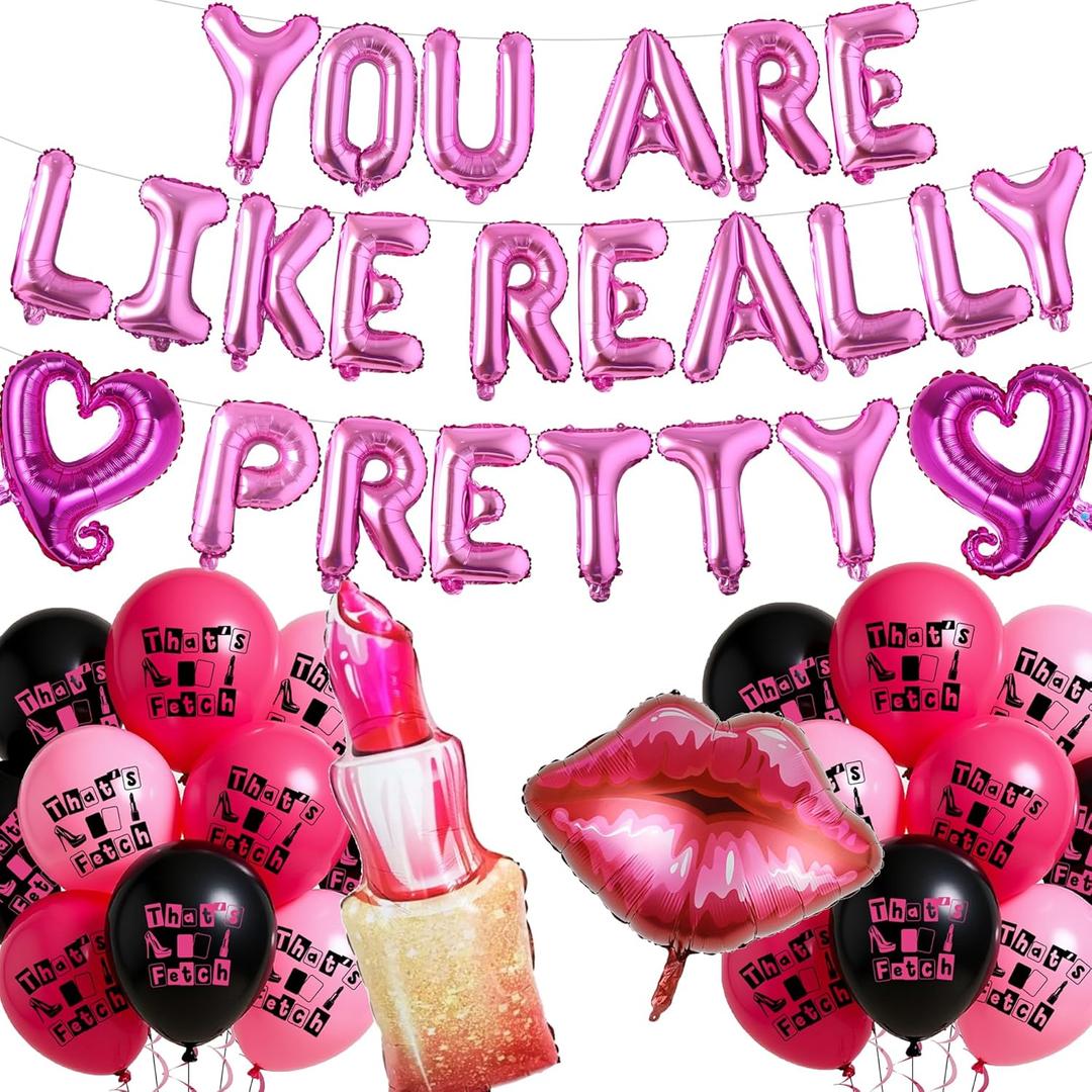 Popular Girl Party Decorations Balloons - Pink You Are Like Really Pretty Decoration with Lip Lipstick Foil Balloon, Early 2000s Y2K Theme Party Supplies for Girls Women Birthday Bachelorette Wedding