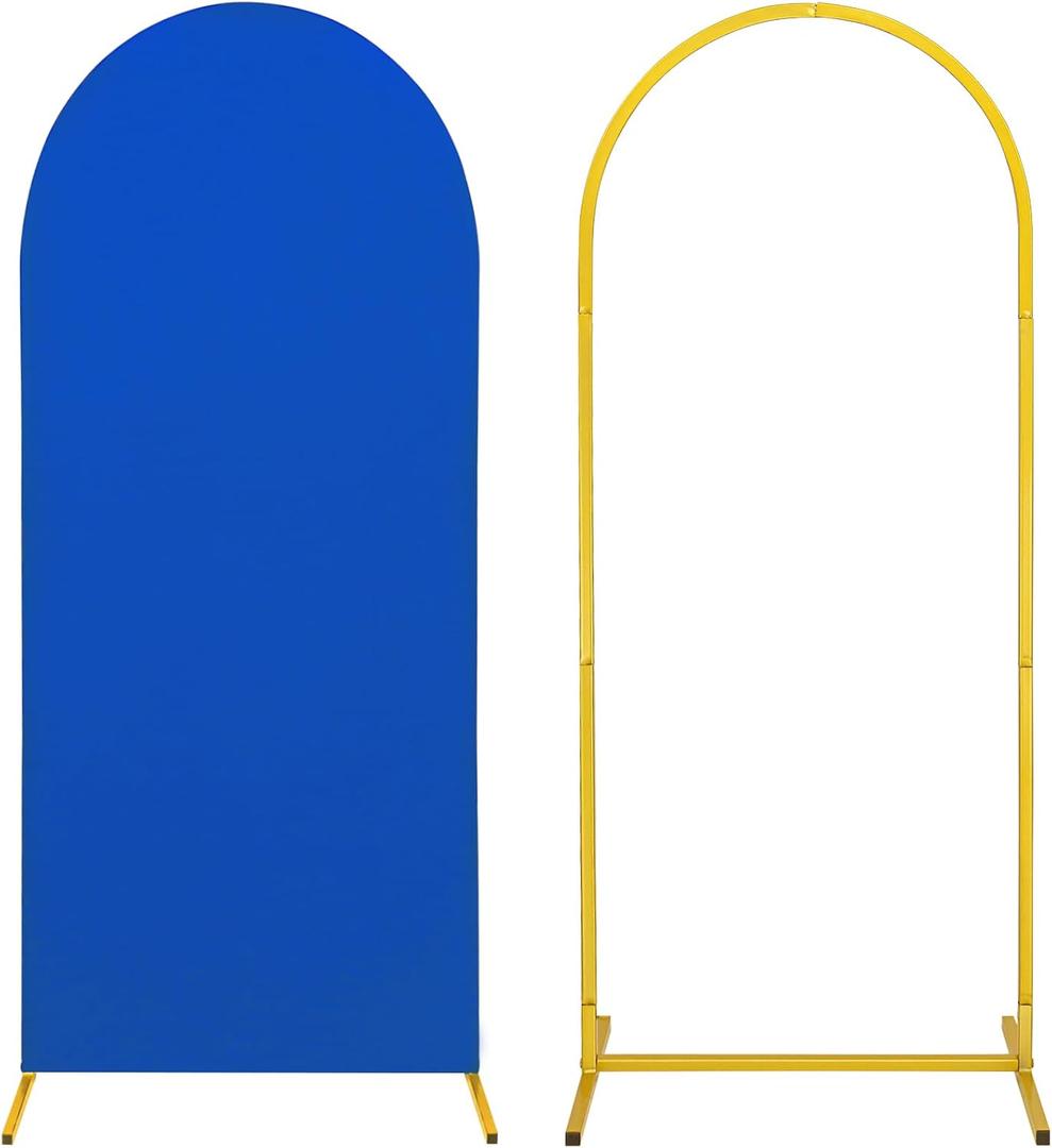 Metal Arch Stand and Cover Set,1 Royal Blue Spandex Fitted Backdrop with 1 Gold Wedding Arched Stand Frame for Parties Birthday Baby Shower Bridal Banquet Decoration (4FT)