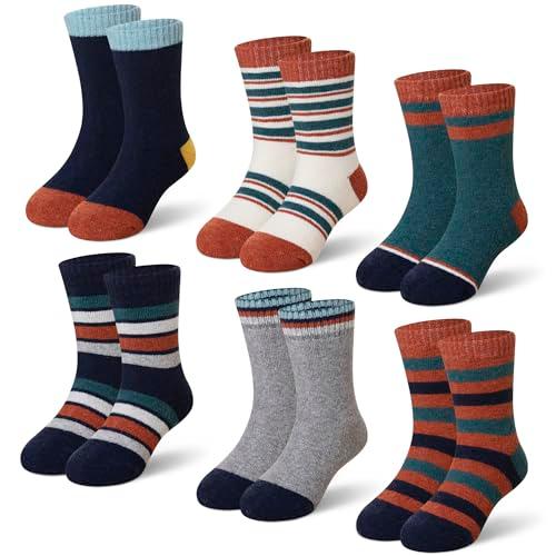 Kids Merino Wool Socks Boys Girls Thermal Winter Hiking Warm Thick Boot Cozy Toddler Crew Socks 6 Pairs (8-12 Years, Orange Stripes)