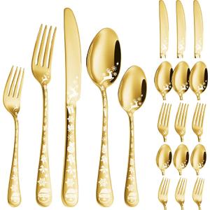 Vilihkc Christmas Style Silverware Set, 20 Piece Stainless Steel Flatware, Kitchen Utensil Service for 4, Tableware Cutlery for Home and Restaurant, Dishwasher Safe (Gold)