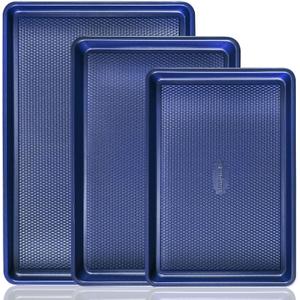 HONGBAKE Baking Sheet Pan Set, Cookie Sheets for Oven, Nonstick Half/Quarter/Jelly Roll Pans with Diamond Texture Pattern, Heavy Duty Cookie Tray, Dark Blue (Sapphire Blue (Carbon Steel))