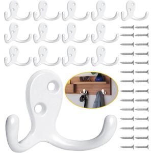 Homanu 14 Pack Coat Hooks, Heavy Duty Double Prong Coat Hooks Wall Mounted with 28 Screws, No Rust White Metal Wall Hooks for Hanging Towel, Coat, Bag, Hat, Cup, Key