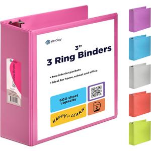 3 Inch 3 Ring Binder Pink, Slant D-Ring 3 Clear View Cover with 2 Inside Pockets, Heavy Duty Colored School Supplies Office and Home Binders  by Enday