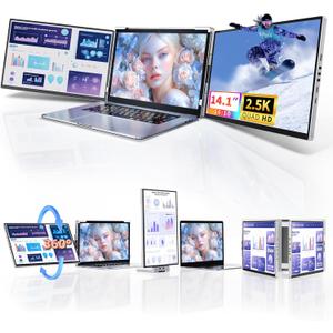 Laptop Screen Extender Monitor Portable - 2.5K Triple Laptop Screen Extender, Plug and Play Multiple Screens Extended Fits 13-17.3 Inch Laptops Compatible with, Windows, Chrome, Dex (Silver)