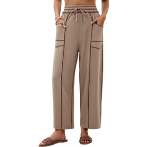Womens Linen Barrel Pants Baggy Wide Leg Palazzo Pants Casual | Drawstring Waist, with Pockets, Lounge (S)