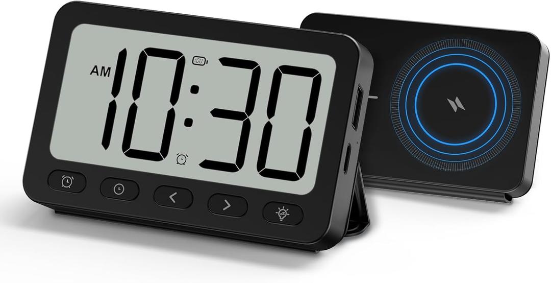 ANJANK Digital Travel Alarm Clock, 6000mAh for MagSafe Battery Pack, Portable Magnetic Power Bank, Wireless Charger for iPhone 16/15/14/13/12, USB-C & USB-A Charging, Foldable LCD Clock with Backlight