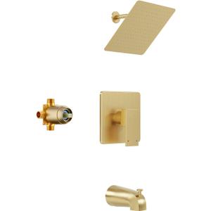 Shower Faucet Set, Gold Tub Shower Faucet with All-Metal 8-Inch Rainfall Showerhead and Bathtub Spout, Single-Handle Tub Shower-Trim Kit with Valve, Brushed Gold