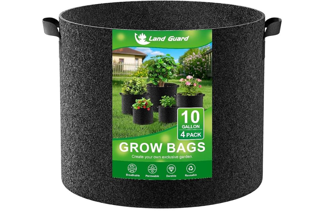 Land Guard 4-Pack Fabric Grow Bags 10 Gallon, Thickened Nonwoven Garden Pots, Growing Bags with Handles, Black, 4 Pcs