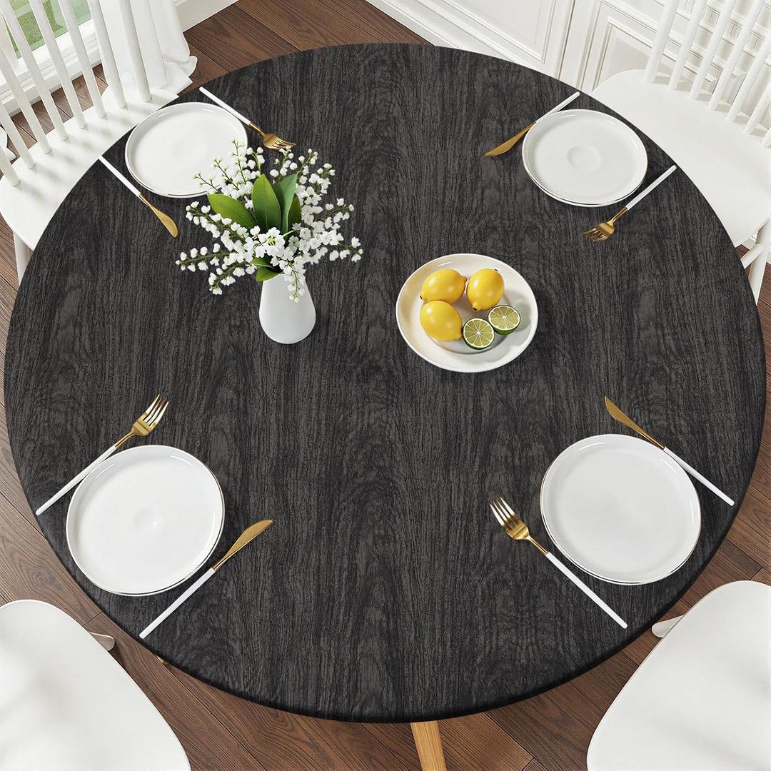 Smiry Round Picnic Tablecloth, Waterproof Elastic Fitted Table Covers for 36" - 44" Tables, Wipeable Flannel Backed Vinyl Tablecloths for Camping, Indoor, Outdoor, Black