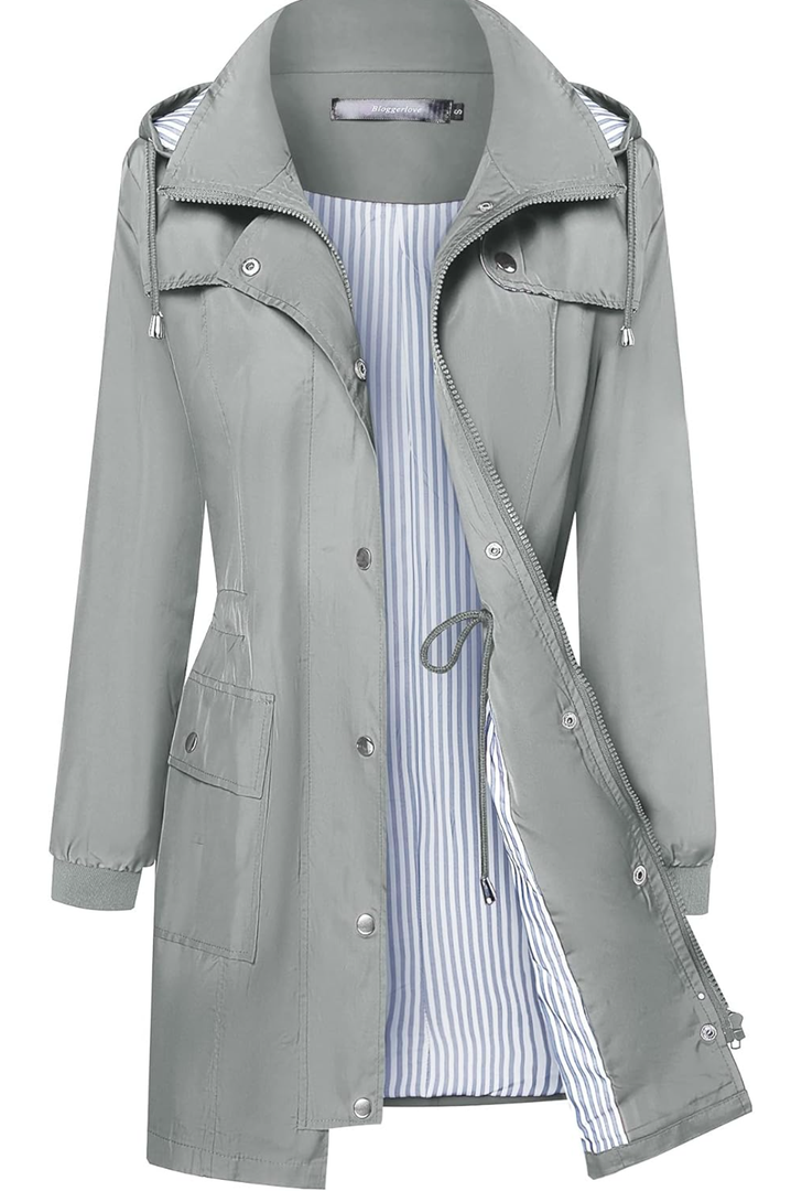 Bloggerlove Rain Jacket Women Lightweight Raincoat Waterproof Windbreaker Striped Climbing Outdoor Hooded Trench Coats, Size Medium 