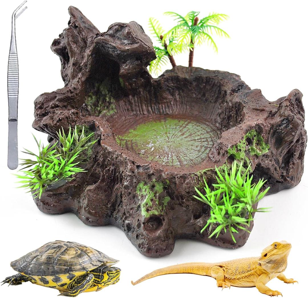 kathson Resin Reptile Bowl Bearded Dragon Food Dish Lizard Water Dish Reptiles Feeding Bowls with Feeder Tweezer for Leopard Gecko Tortoise Chameleon Water Frog Hermit Crab