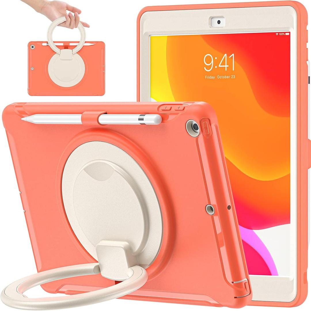 BATYUE for iPad 9th/ 8th/ 7th Generation Case (iPad 10.2 Case 2021/2020/2019) with Screen Protector,Rugged Case with Rotating Stand/Pencil Holder/Pencil Cap Holder (Coral Orange)