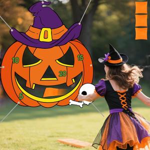 Tiamon Halloween Pumpkin Bean Bag Toss Game Banner with 3 Bean Bags, 47x45 Large Pumpkin Halloween Toss Game, Trick or Treat Party Supplies, Classroom Carnival Fall Festival Activities