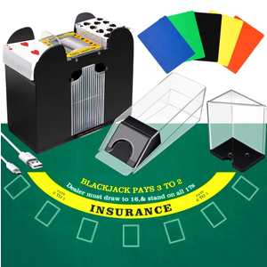 Aoriher Blackjack Game Combo Set, Include Blackjack Layout Felt,Shoe 6 Deck Automatic Card Shuffler Discard Holder Trays and 10 Cut Cards for Casino, Party Night(Green)