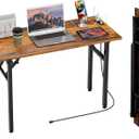 TEMI Small Computer Desk Folding Table - No Assembly, Compact 44.3" Foldable Desk with Power Outlets & USB Charging Port, Portable Small Office Desk, Ideal Mini Study Table for Narrow Spaces, Brown, 43.3 Inch