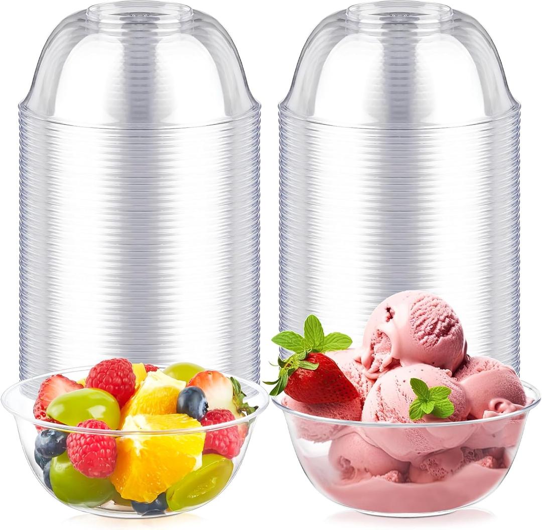 Qeirudu 12 oz Small Clear Plastic Bowls, 100 Pack Disposable Hard Plastic Party Serving Bowls for Salads, Ice Creams, Fruit, Desserts, Parfaits, Snacks
