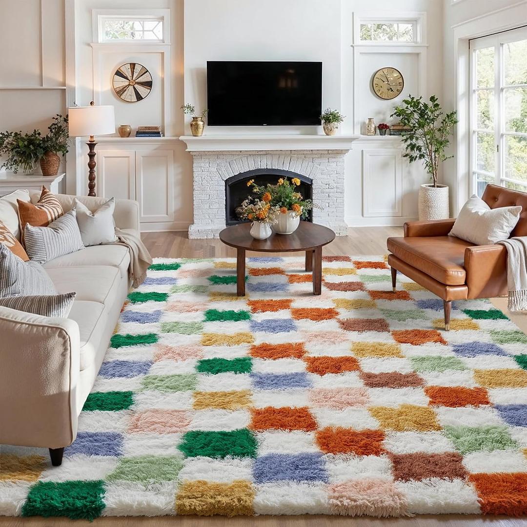 Colorful Area Rug 5x8 for Living Room Soft Checkered Shag Carpet | Machine Washable, Non-Slip, Fluffy, High Pile, Cozy for Bedroom, Kids Room, Nursery, Playroom, Classroom, Modern Decor