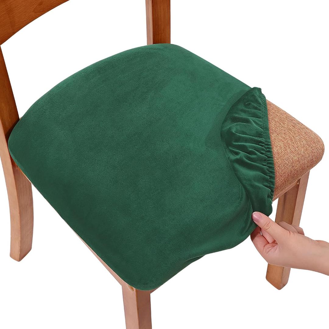 Smiry Velvet Seat Covers for Dining Room Chair Set of 2, Stretch Fit Removable Washable Chair Seat Cushion Protector Slipcovers with Ties, Dark Green