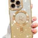 NITITOP Compatible with iPhone 13 Pro Max Case Cute Clear Glitter [Compatible for MagSafe] Plating Heart Sparkle Bling Magnetic Girl Women Electroplated Frame Camera Protection Back Cover - Gold