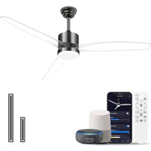 OKELI 52" Smart Ceiling Fan with Light, WiFi Enabled for Alexa & App Control, Reversible Black Modern Ceiling Fan with Dimmable LED Light and Remote, Clear Blades for Living Room Bedroom
