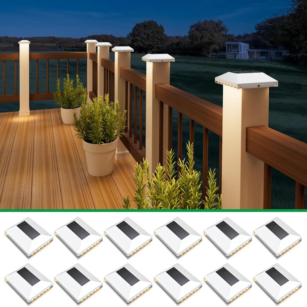 Solar Post Cap Lights Outdoor 12 Pack - Waterproof Solar Fence Post Lights Fit 4x4 Wooden/Vinyl Posts, White Solar Deck Post Lights Emit Warm White For Outside, Deck Fence/Backyard/Stair Railing/Porch