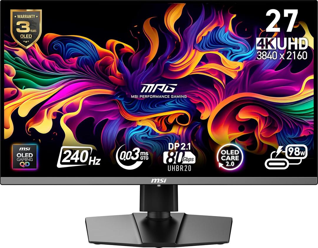MSI MPG 272URX QD-OLED 27-inch 3840 x 2160 (UHD) Computer Monitor, 240Hz, Adaptive-Synch, HDMI, DP Port, VESA Mountable, Tilt, Speaker, 0.03ms, Black