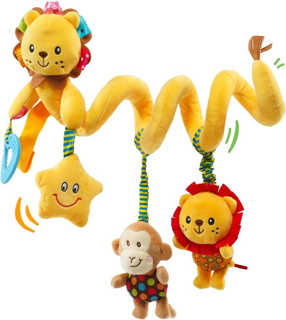 Jollybaby Crib Stroller Car Seat Toys for Baby 0-3-6-9-12 Months, Tummy Time Hanging Sensory Toys for Newborn with Music Box and Teether, Spiral Carseat Toy for Baby Boys Girls Gifts (07-Little Lion)