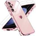 LeYi for Samsung Galaxy S23-FE Case: S23 FE Phone Case Tempered Glass Screen Protector [2 Pcs]+ Full Camera Lens Protection, Love Heart Plating Women Cute Luxury Soft TPU Shockproof S23FE, Pink