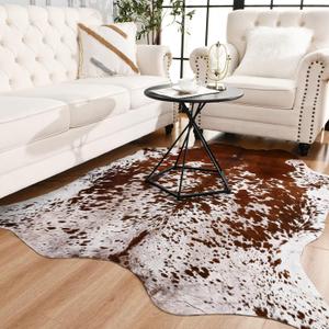 Easycozy Faux Cowhide Large Cow Print Rug - 4.7 x 5.2 Feet, Thickened Elastic for Bedroom, Living Room, Home Office, Western Decor (Brown)