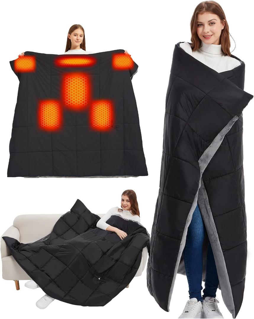 CYCYHEAT 20000mAh Large Heated Blanket Battery Powered, 7.4V Battery Portable Cordless Throw Electric Rechargeable Heating Blankets (Black+20000mAh Battery, 63x55in Adult Size)