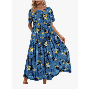 YESNO Women Casual Loose Bohemian Floral Dress with Pockets Short Sleeve Long Maxi Summer Beach Swing Dress EJF, Large