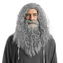 Spooktacular Creations Halloween Grey Wizard Wig and Beard, Wizard Curly Wig with Beard, Long Gray Funny Father Time Costume Accessory for Men for Adults Cosplay Party Christmas Accessories