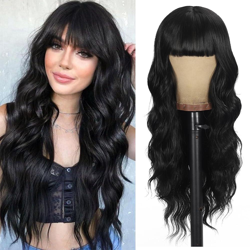 Black Wig with Bangs Curly wavy Wig for Women Long Natural Black 