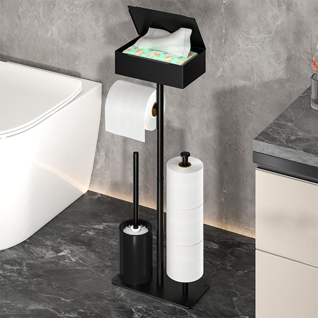 Freestanding Toilet Paper Holder Stand with Storage Box, Tissue Dispenser, Brush Holder, Black Metal, 23.6 x 9.4 x 4.7 Inch, 3-Roll Reserve