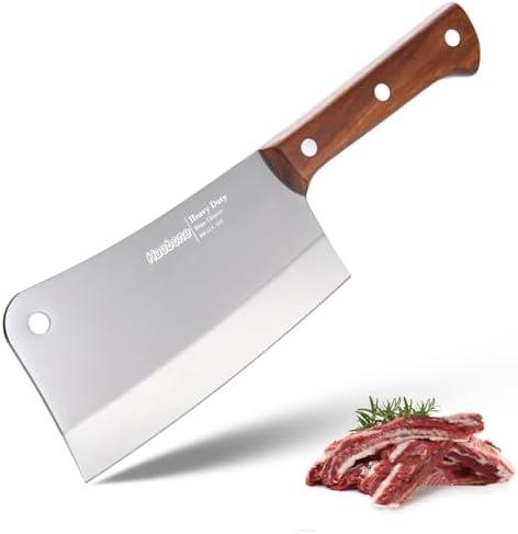 Haobone Heavy Duty Cleaver Knife 8 Inch Professional Butcher Knife Bone Chopper Chopping Bones Weight Heft High Carbon Stainless Steel Full Tang Ergonomic Wooden Handle