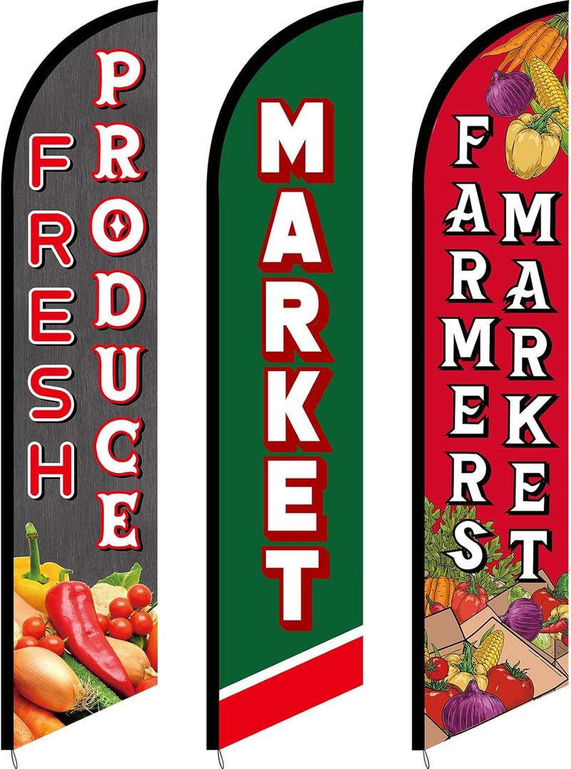 3 Pcs Fresh Produce Feather Flag 12 Feet Tall Farmers Market Sign Fresh Produce Advertising Sign Farmers Market Feather Advertising Flag for Vegetable Business Outdoors Events Publicity