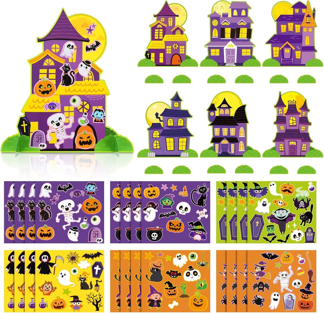 Spiareal 24 Pcs Halloween Sticker Scenes Make Your Own 3D Halloween Haunted House Sticker Scene Bulk DIY Holiday Castle Decoration Craft for Holiday Party Make a Scene Activities