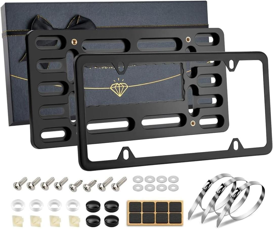 XCLPF Front License Plate Bracket, No Drill License Plate Holder, License Plate Mounting kit, Universal Bumper Car Frame Mount Adapter, Black License Plate Frames with Screw Cap, Cable Ties