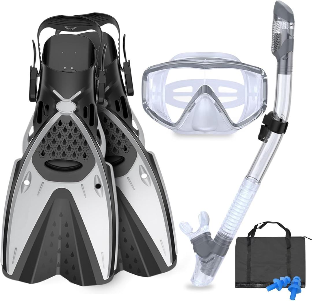 Mask Fins Snorkeling Gear for Adults Men Women, Panoramic View Diving Mask, Anti-Fog Dry Top Snorkel, Adjustable Freediving Swimming Fins/Flippers, Travel Bags for Lap Swimming (ML/XL(9-13))